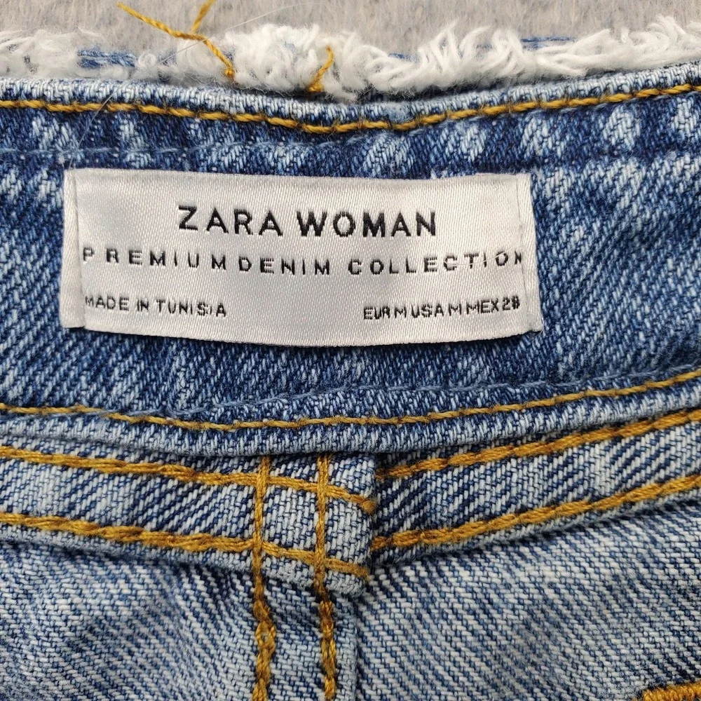 Zara Premium Denim Mini Skirt Womens Medium Blue Distressed Frayed Hem 5-Pocket